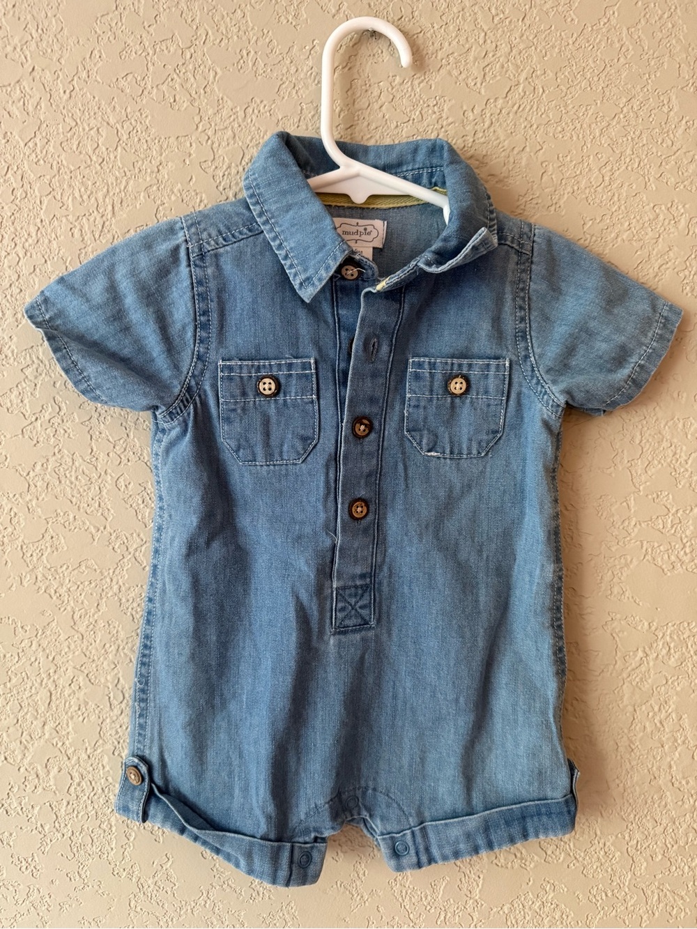 Mudpie Denim Short Sleeve Romper | 6-9 Months